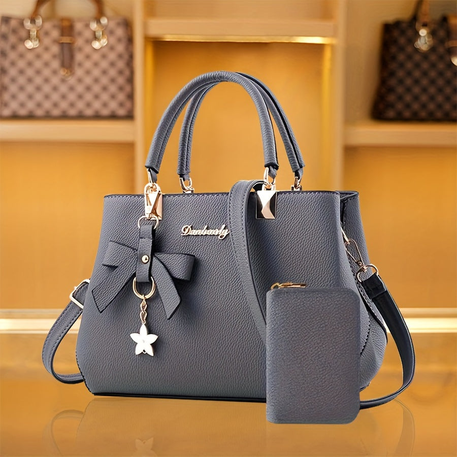 Chic Bow Decor Handbag for Women with Coin Purse, Adjustable Strap,