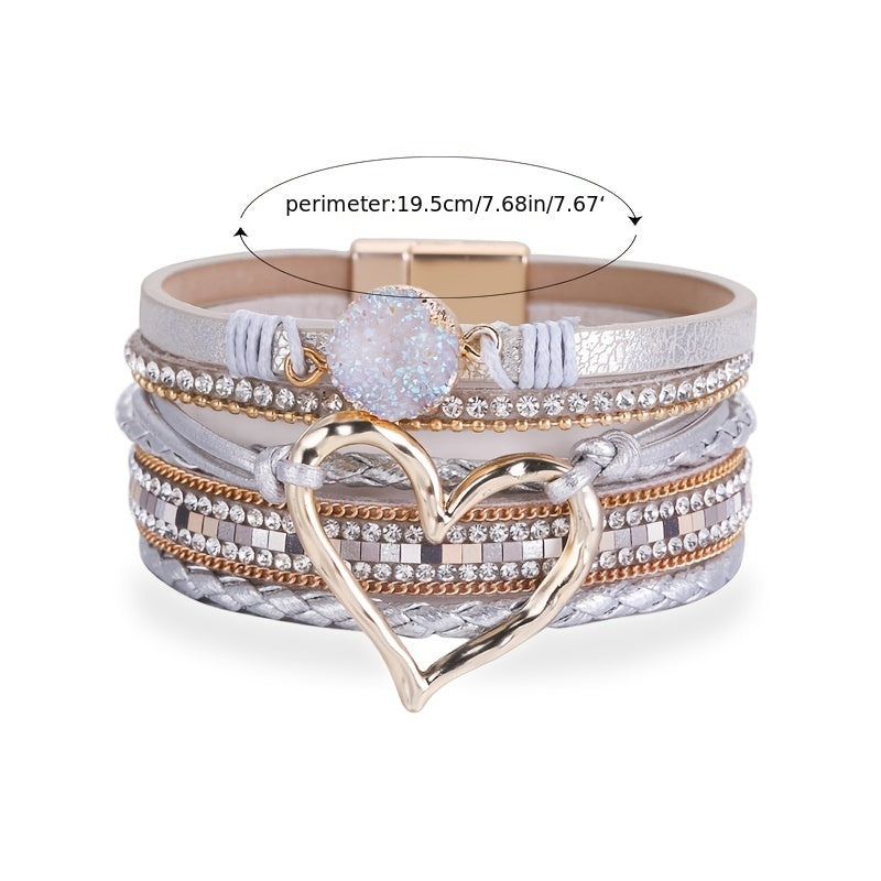 [Boho Chic Heart Bracelet] Boho Chic Multi-Layer PU Leather Magnetic Clasp Bracelet - Black Braided Design & Crystal Accents, Golden-Tone Metal Heart Pendant, Elegant Love Heart