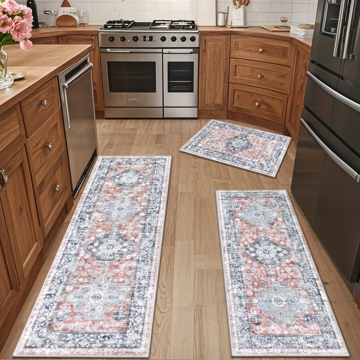 Farmhouse Kitchen Rugs Sets Of 3 Non Slip Washable Boho Kitchen Rugs And Mats for Floor Kitchen Runner Mat Floor Mat for Kitchen, Laundry, Hallways