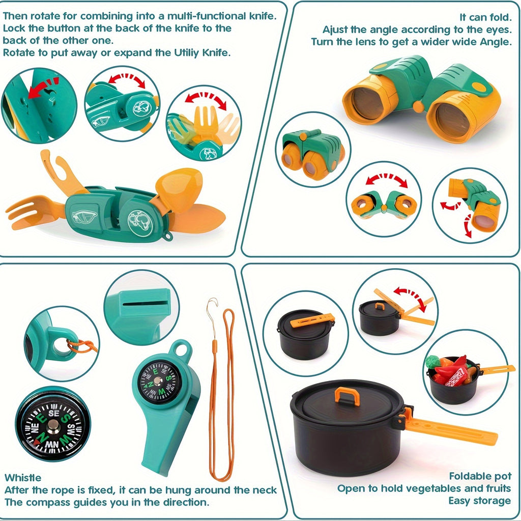 Kid Camping Games, Outdoor Toys For Kids 3-5, Camping Tool Pretend Role Play Toys With Kids Tent/Campfire/ Telescope/Play Food/Whistle/Oil Lamps, 3 4 5 6 Year Old Boy Girl Gifts