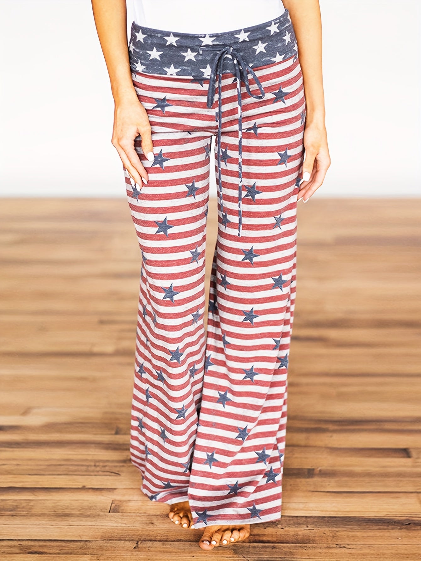 [American Flag Print Pants] Loose Fit Men's Casual American Flag Print Wide Leg Pants | Drawstring Waist, All-Season Comfort, Casual Weekend Attire, Starpattern Pants, American Flag Accessories