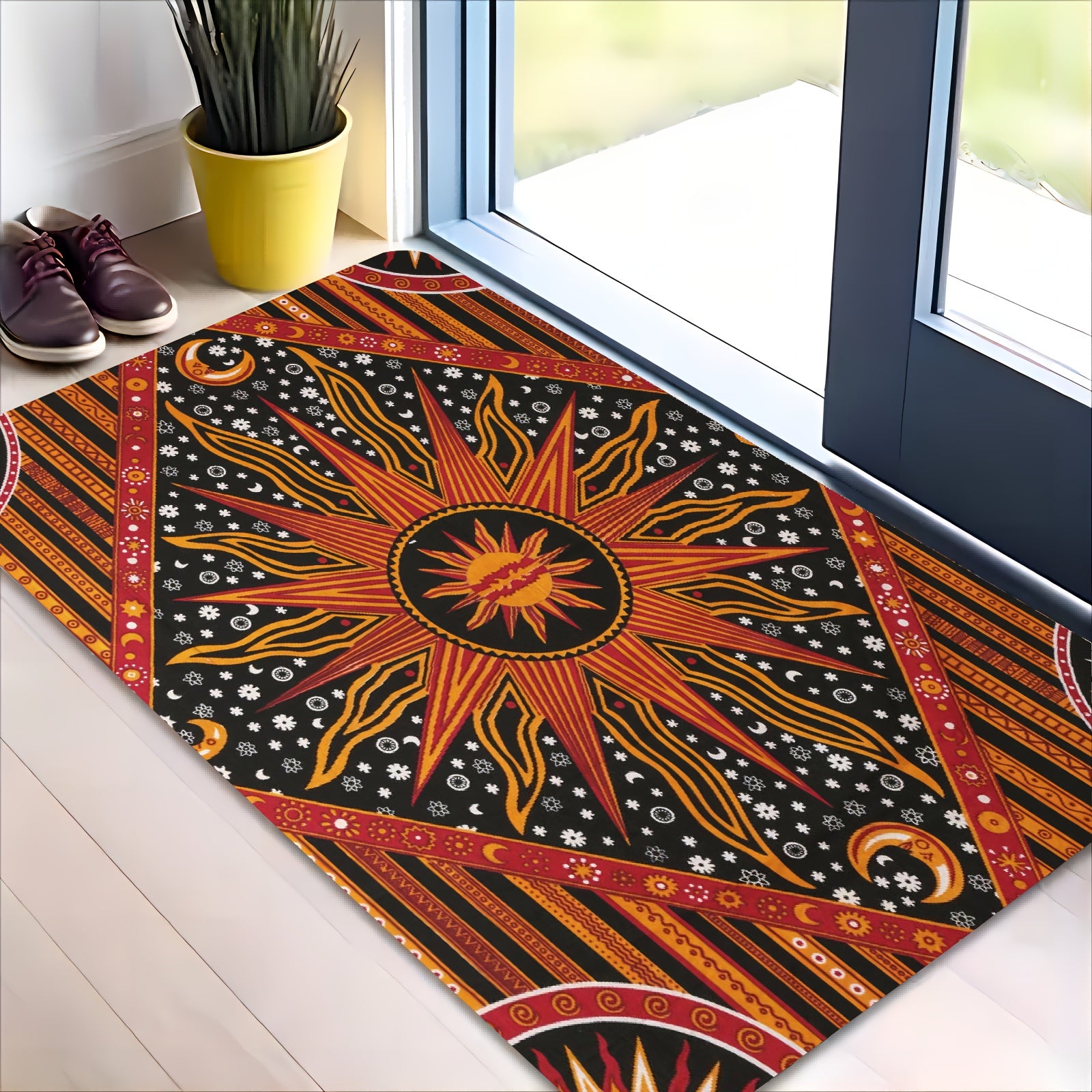 Sun and Moon Pattern Area Rugs: Non-slip, Soft, and Comfortable Polyester Fiber Mat for Living Room, Bedroom, Office, and Outdoor Use - Machine Washable, Anti-fatigue, and Waterproof