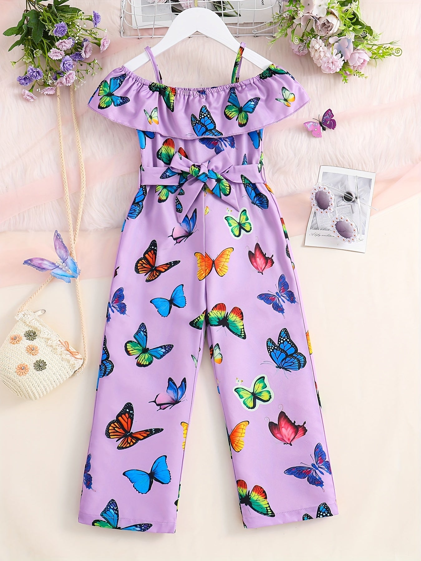 Trendy Girls' Butterfly Romper with Ruffles and Belt - Perfect for Summer!