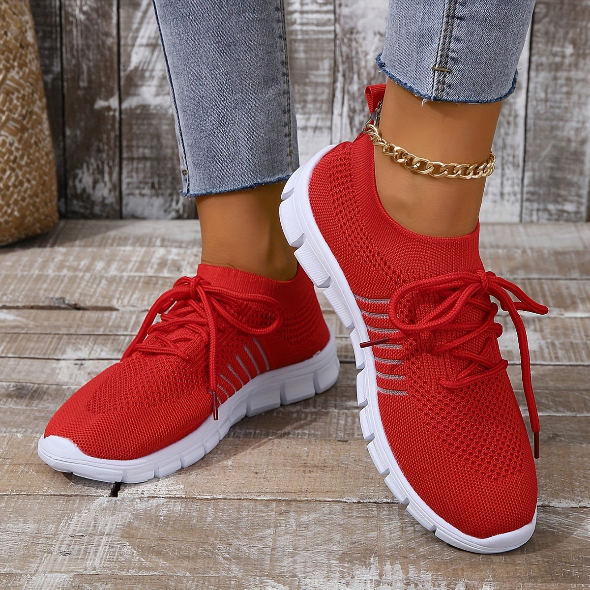 Women's Knitted Sports Shoes, Breathable & Lightweight Low Top Running Sneakers, Casual Outdoor Gym Jogging Trainers Plus Size
