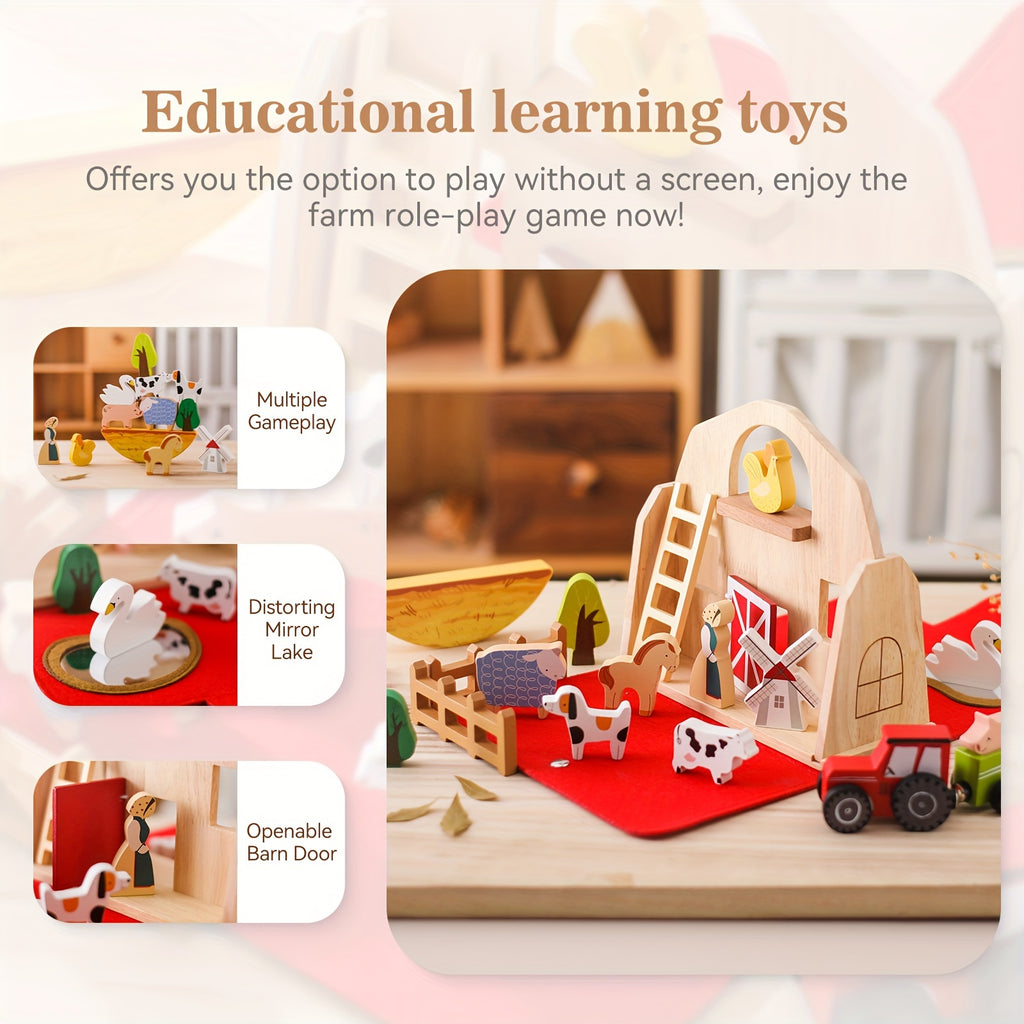18pcs Farm Animals Barn Toys, Wooden Montessori Stacking For Toddlers Red Barn Toys Little People Farm Animal Toys Farm Pretend Playset With Barn & Farmer, halloween, christmas gift