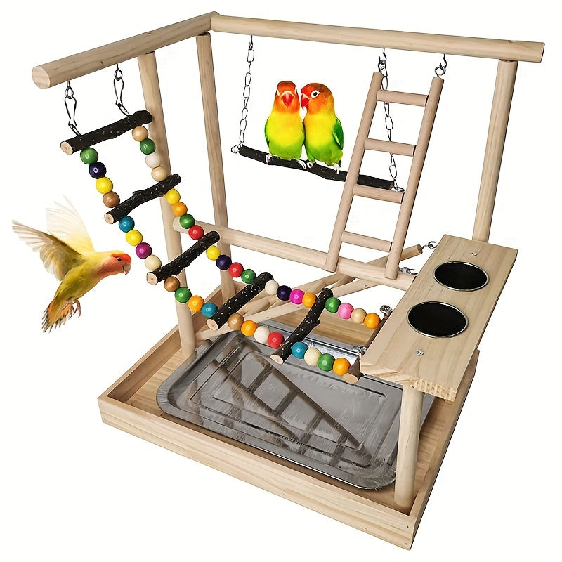Deluxe Wooden Parrot Playstand with Climbing Ladder, Swing & Chew Toys -