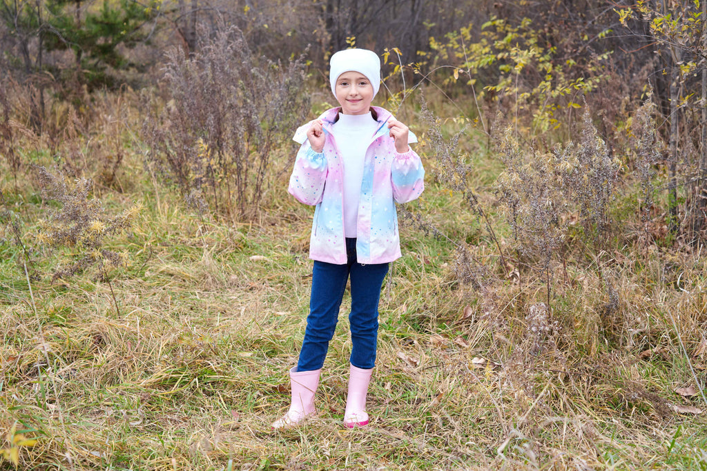 Vibrant Gradient Rain Jacket for Kids - Waterproof, Lightweight, Fleece Lined, Hooded, Windbreaker Coat with Removable Hood for Girls - Perfect for Outdoor Play and School Days