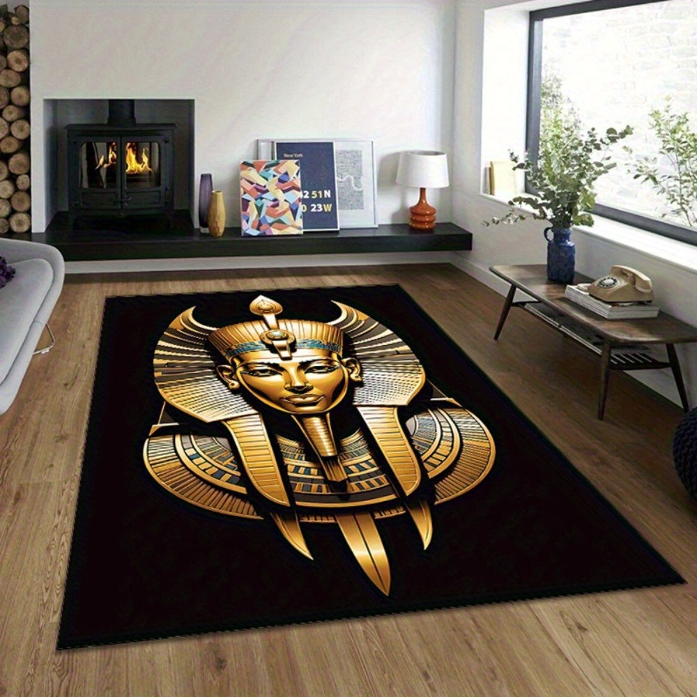 1pc Egyptian Pharaoh Statue Printed Area Mat - 100% Soft Polyester, Anti-Slip, Machine Washable, Rectangle Knit Weave with Vibrant Golden Design for Bedroom, Living Room, or Office Decor, Perfect for Holidays & Home Accents,