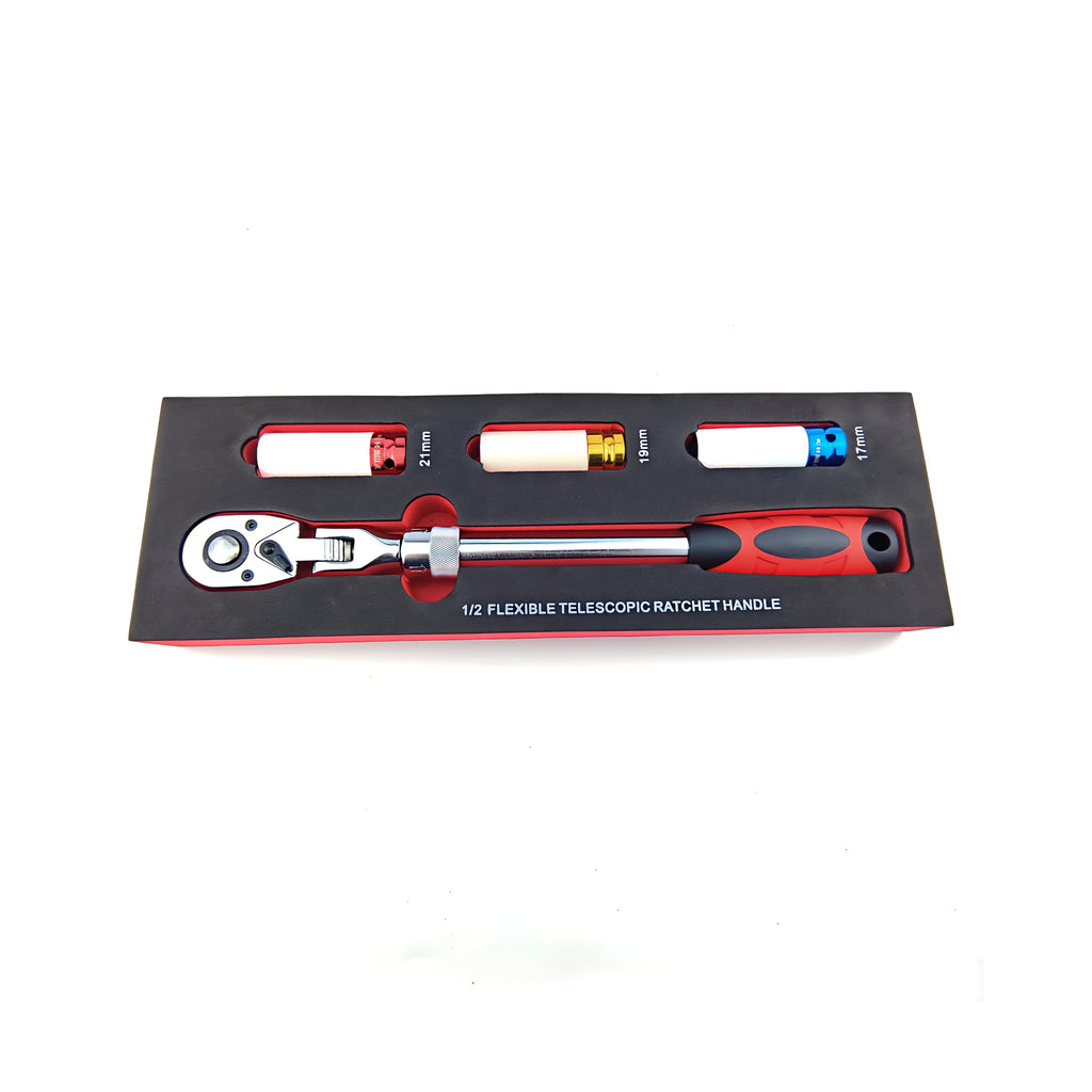 4pcs wheel hub protection hexagonal deep socket/ratchet wrench set, 1/2" drive, metric 17, 19, 21mm wheel guard six-point deep socket, 1/2" oscillating and telescopic