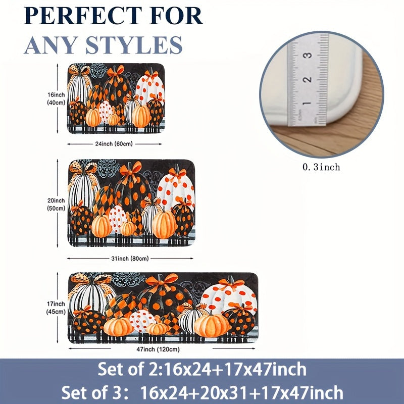 Thanksgiving Pumpkin Kitchen Mat Set (2/3pcs) - Autumn Farmhouse Decor, Anti-Fatigue & Non-Slip Flannel Rugs for Sink, Bedroom, Living Room, Dining Area - Easy Clean, Stain-Resistant