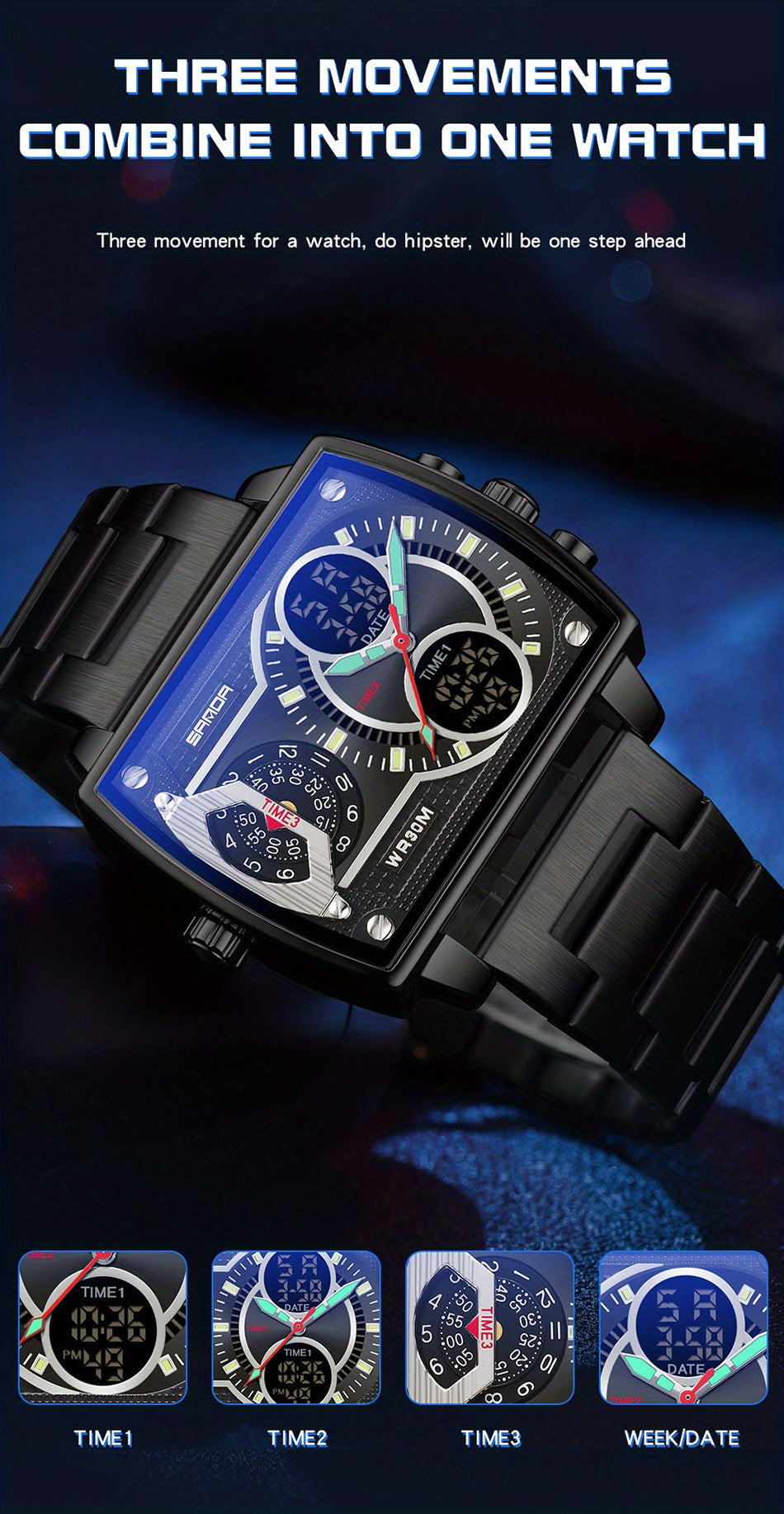 Large Dial Multi Time Zone Men's Watch, Square Dual Display Multifunctional Sports Watch with Dual Time Zone, Date, Alarm, and Stopwatch Functions