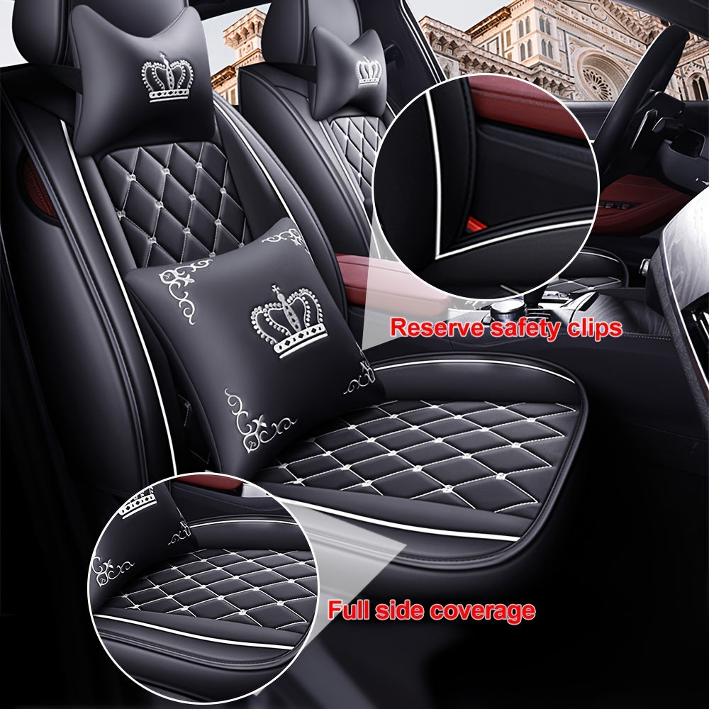 Full Set Car Seat Covers, Crown PU Leather Car Seat Cover Full Surround, Comfortable Automotive Vehicle Cushion Cover Fit For Most 5 Seats Cars/SUV/Truck/Vans