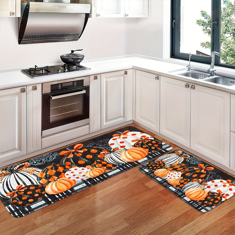 Thanksgiving Pumpkin Kitchen Mat Set (2/3pcs) - Autumn Farmhouse Decor, Anti-Fatigue & Non-Slip Flannel Rugs for Sink, Bedroom, Living Room, Dining Area - Easy Clean, Stain-Resistant