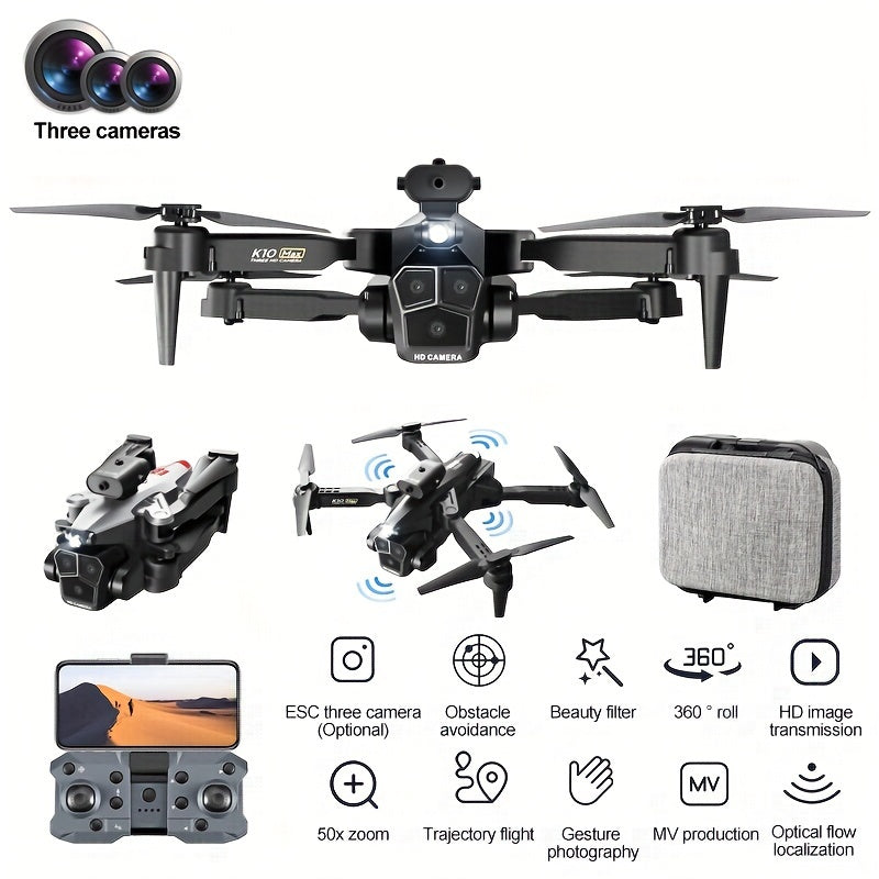 2.4Ghz Wifi FPV K10 MAX Triple-Camera RC Drone - 360° Obstacle Avoidance, Optical Flow Positioning, Headless Mode, One-key Take Off/Landing, Foldable Quadcopter Toys Drone with SD Three ESC Camera