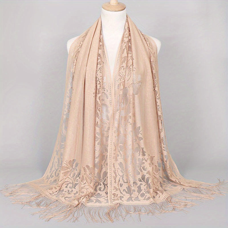 Ladies Women's Floral Lace Scarf Shawl With Tassels, Soft Mesh Fringe Wraps Bridal Shawl For Wedding Evening Party Dresses