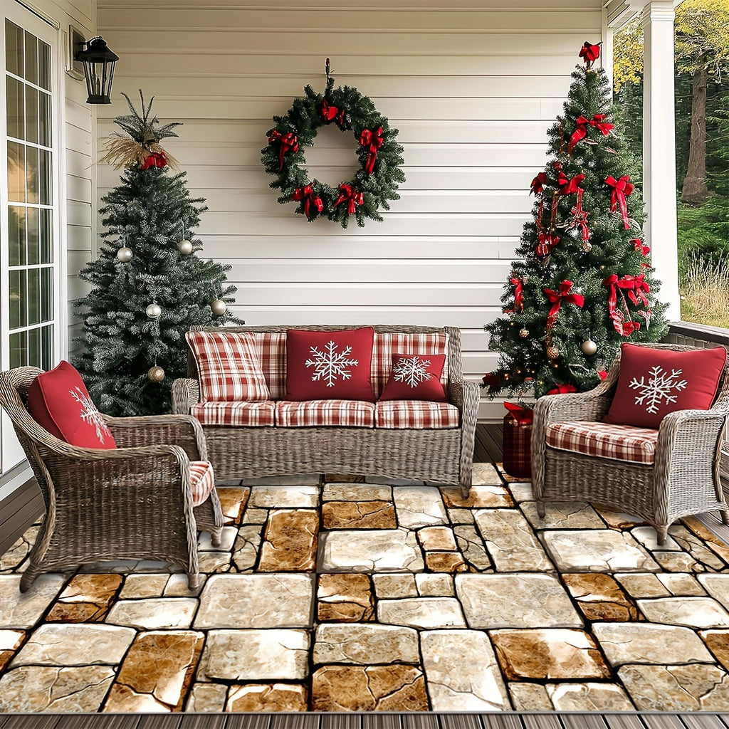 2025 New Large Stone Pattern Outdoor Rug - Non-Slip, Machine Washable, Absorbent Rectangular Mat For Patio, Garden, RV Camping - Durable Polyester, Indoor/Outdoor Use, Holiday Decor Rug | Natural Look Mat | Nonslip Backing, P