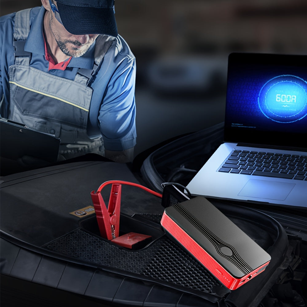 6000mAh Portable Car Jump Starter - Smart Digital Display, 12V Emergency Power, Flashlight, USB-Powered, Red | Automotive Emergency Gear