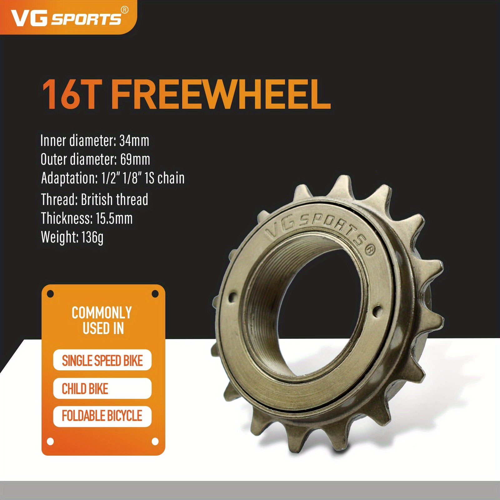 1pc VG Sports 16T/18T/20T/22T/24T 34MM Bicycle Flywheel Single Speed Bicycle Flywheel Sprocket 1 Speed Gear For BMX Flywheel Sprocket Gear Bike Accessories