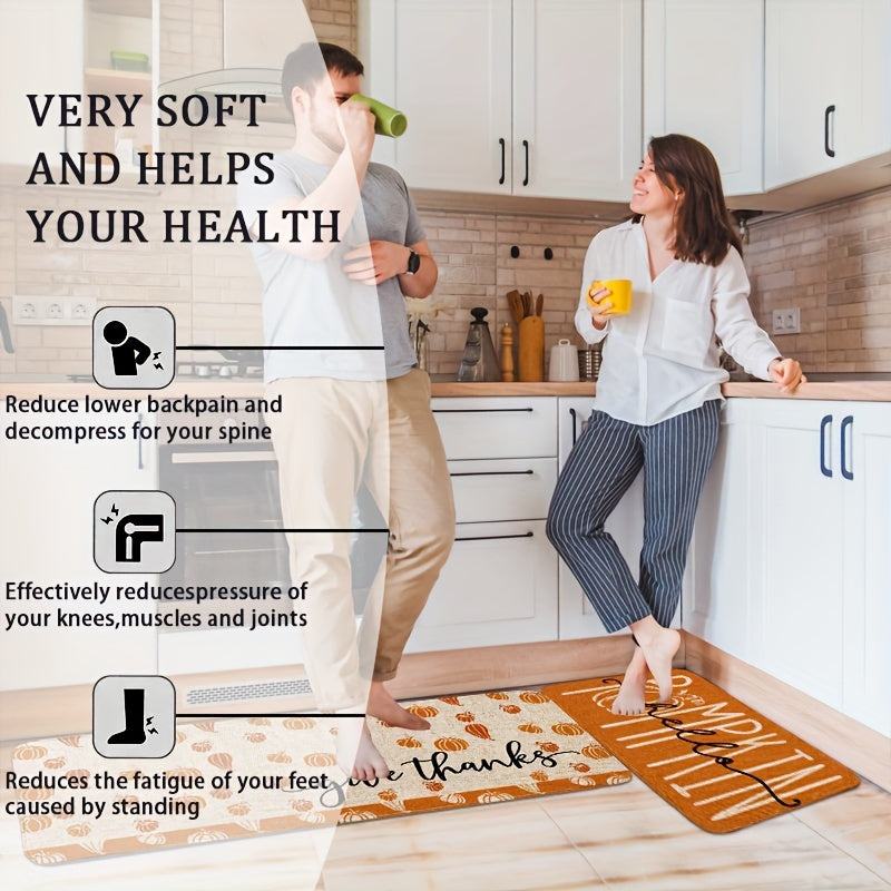 Thanksgiving Pumpkin Kitchen Mat Set (2/3pcs) - Soft, Non-Slip & Stain-Resistant Flannel Rugs for Fall Decor, Perfect for Home & Holiday Parties