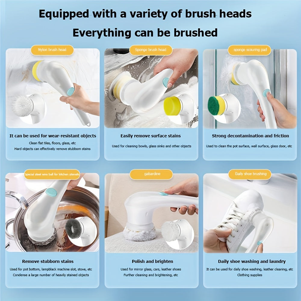 5-in-1 Cordless Electric Spin Scrubber – USB Rechargeable, Versatile Cleaning Brush Set for Home