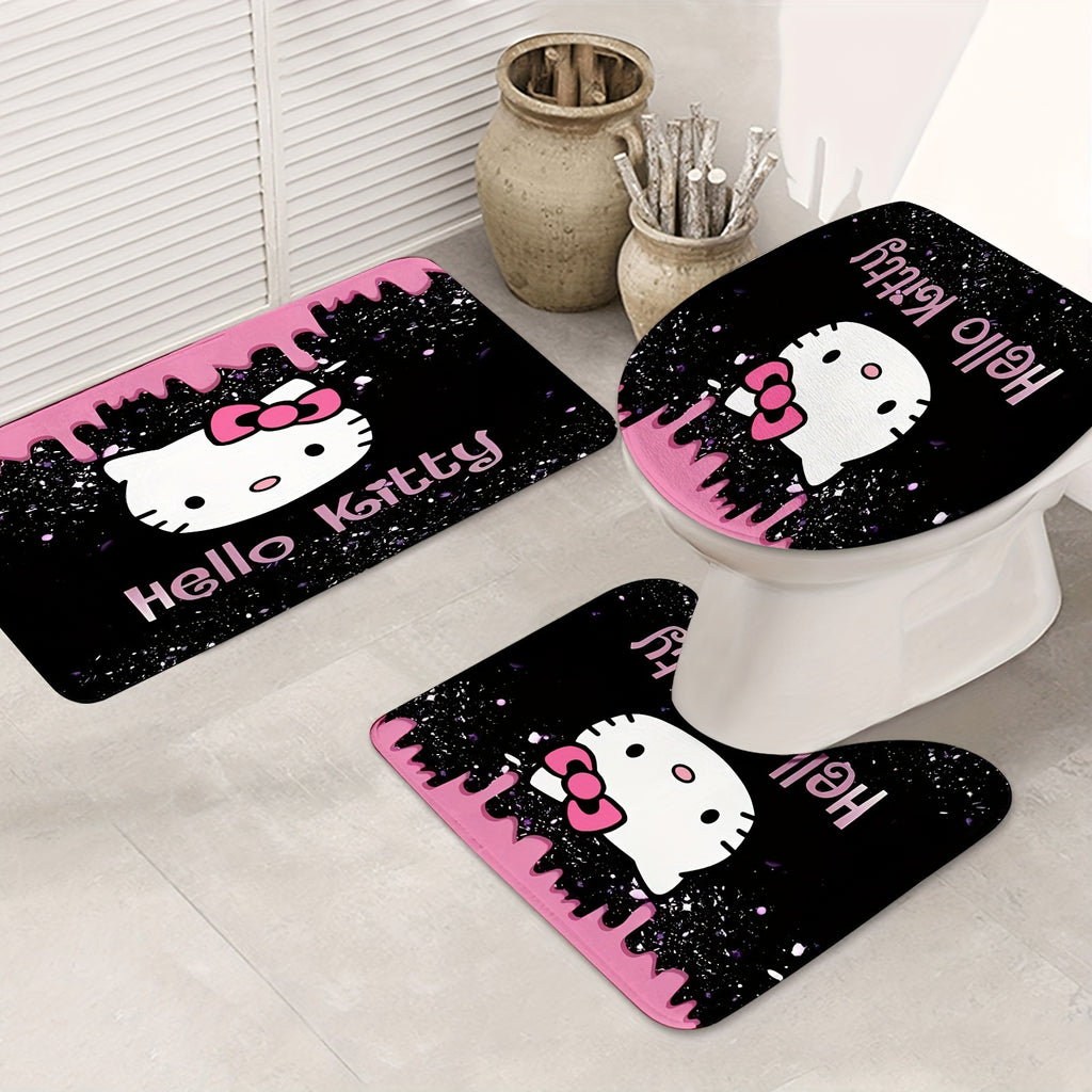 Sanrio Hello Kitty Shower Curtain Sets with Rugs and Hooks, Cartoon Themed Washable Polyester Bathroom Decor, Knit Weave Machine Washable Accessories, All-Season Home Decor Curtain and Mat Set