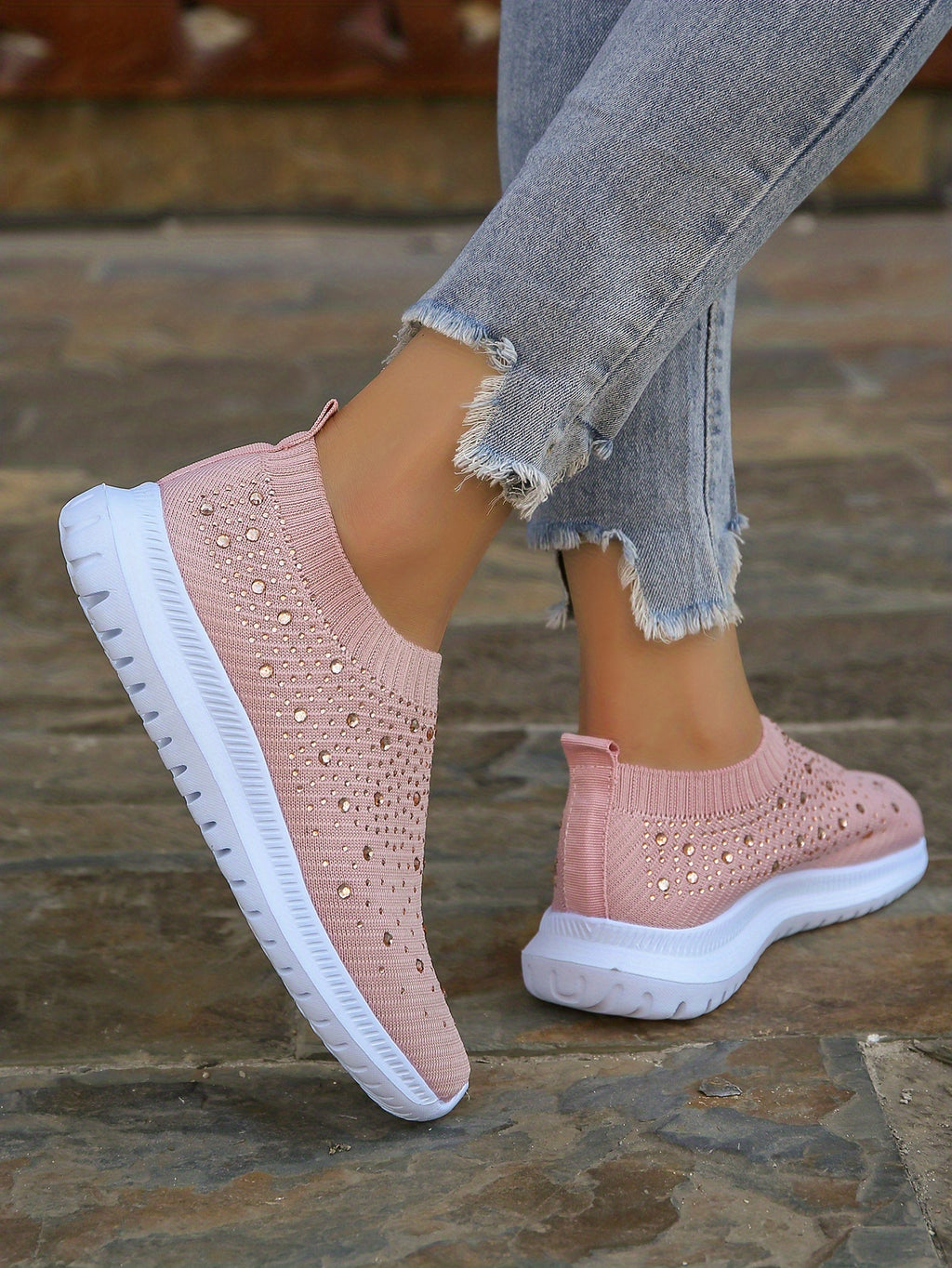 Women's Rhinestone Decor Slip-on Sneakers, Fly Woven Sports Shoes, Breathable Low Top Walking Shoes For Music Festival