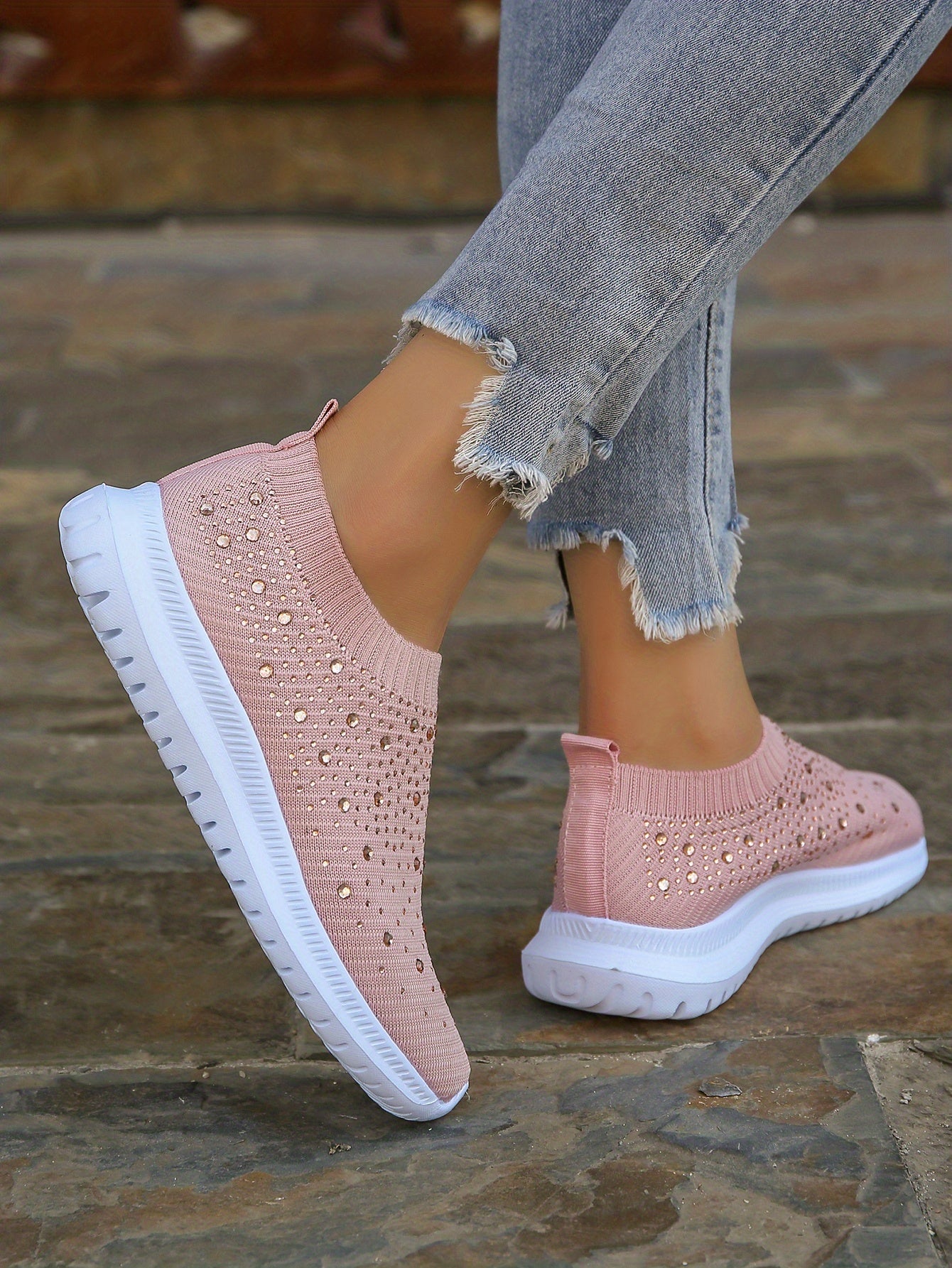 Women's Rhinestone Decor Slip-on Sneakers, Fly Woven Sports Shoes, Breathable Low Top Walking Shoes For Music Festival