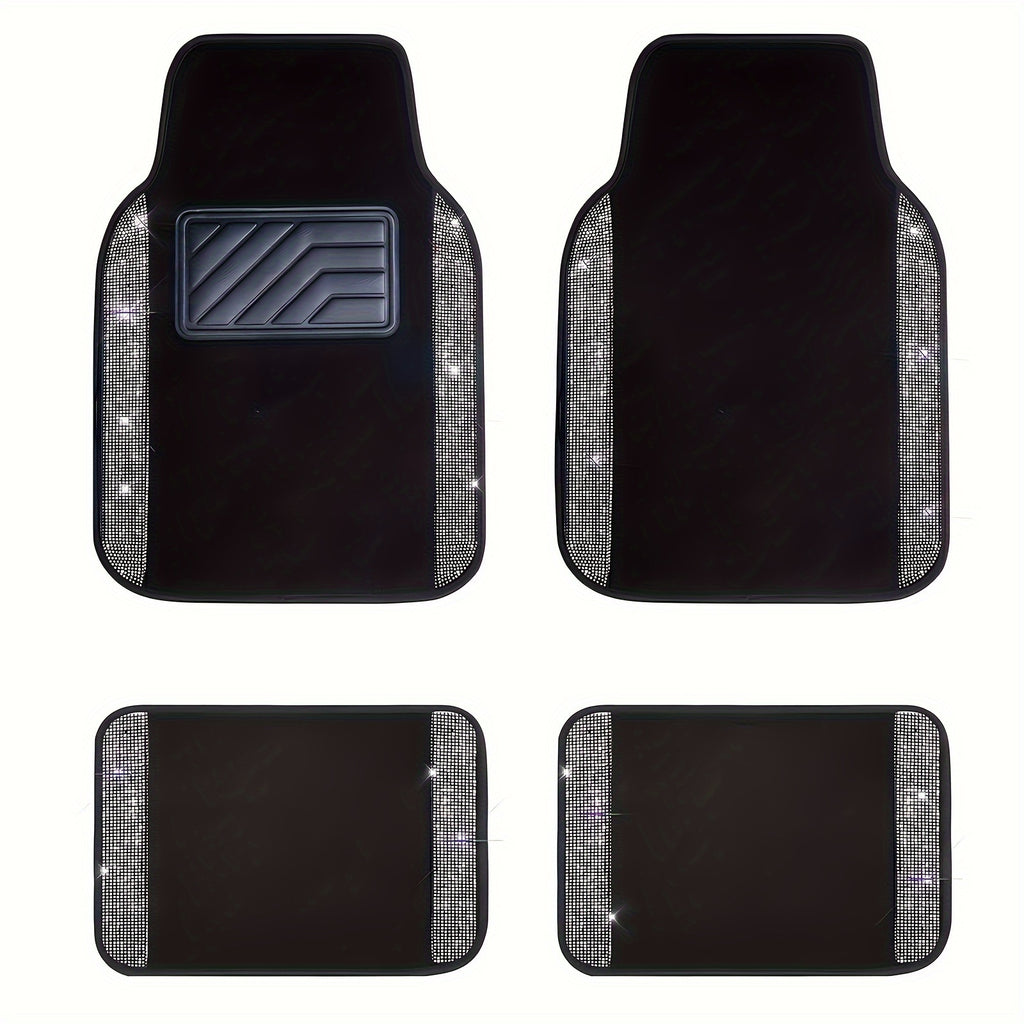 Car Floor Mats Shining Rhinestones Carpet, Bling Crystal Diamond Sparkly Glitter Car Floor Mats with Anti-Slip PVC Heel Pad Automotive Universal for SUV, Sedan, Car, Van, 4pcs for Girl Women