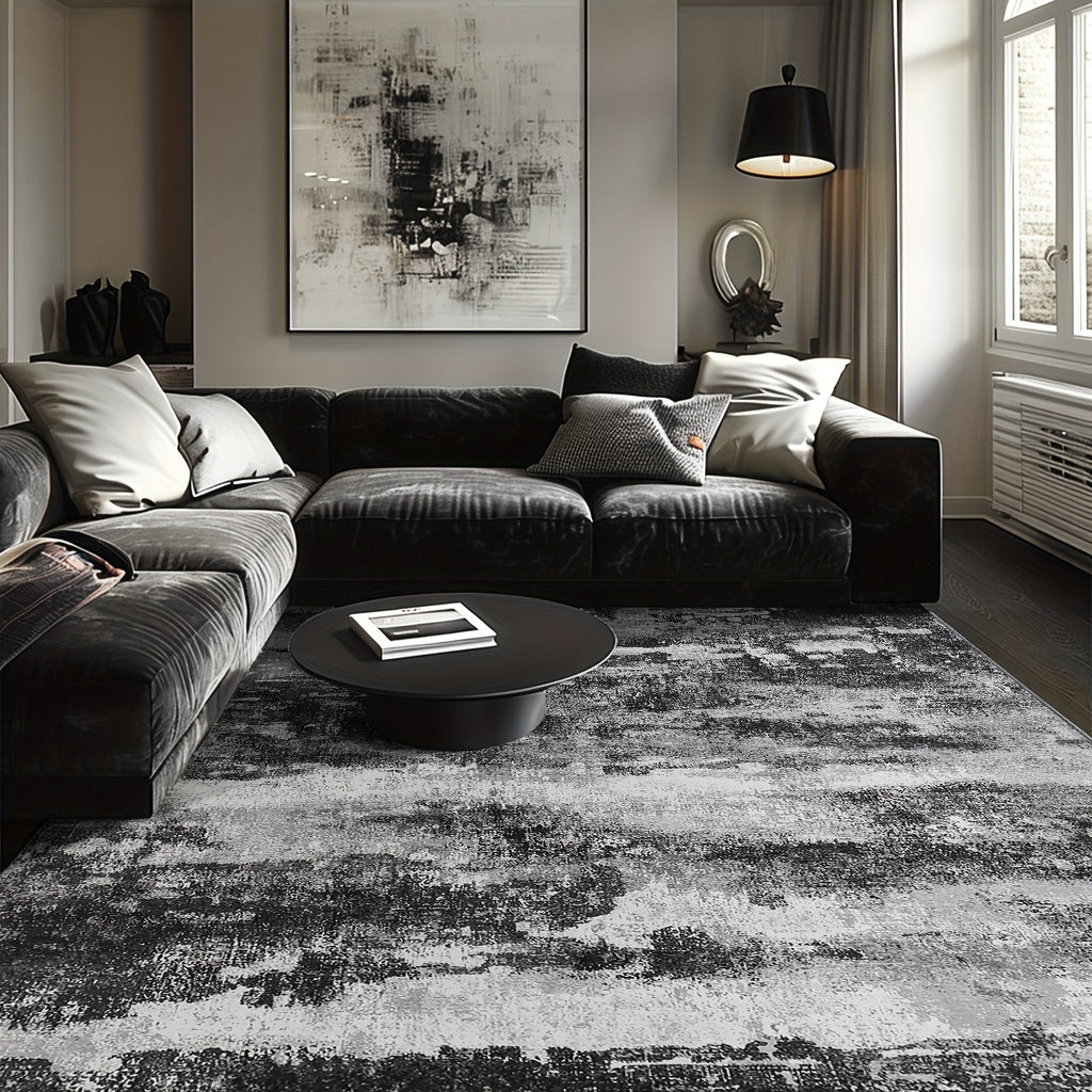 Dark Gray and Black Modern Abstract Striped Area Mat - Non-Slip Backing, Soft Polyester Fabric, Machine Washable for Living Room or Bedroom Decor, Rugs for Living Room