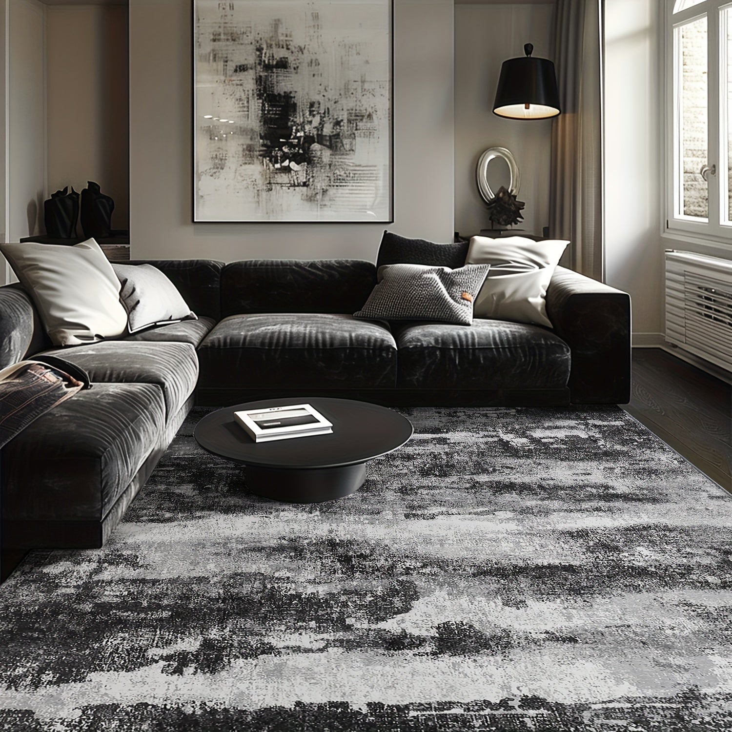 Dark Gray and Black Modern Abstract Striped Area Mat - Non-Slip Backing, Soft Polyester Fabric, Machine Washable for Living Room or Bedroom Decor, Rugs for Living Room