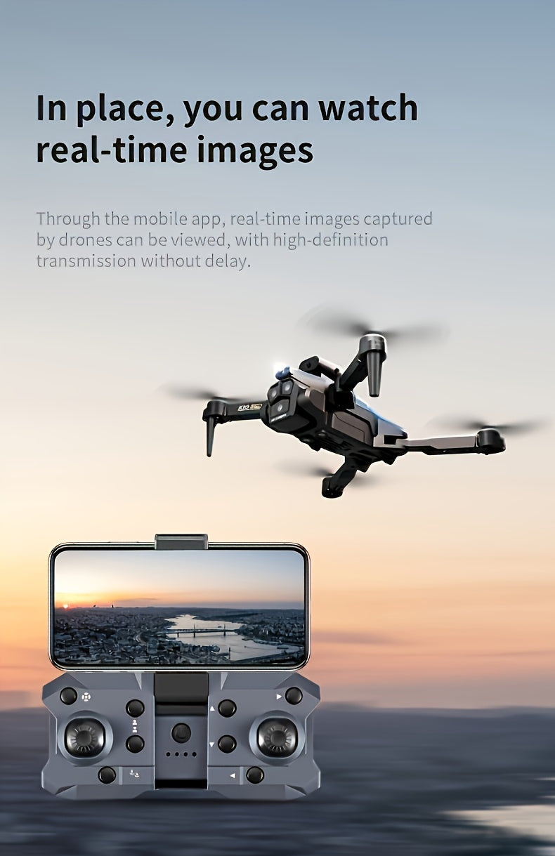2.4Ghz Wifi FPV K10 MAX Triple-Camera RC Drone - 360° Obstacle Avoidance, Optical Flow Positioning, Headless Mode, One-key Take Off/Landing, Foldable Quadcopter Toys Drone with SD Three ESC Camera