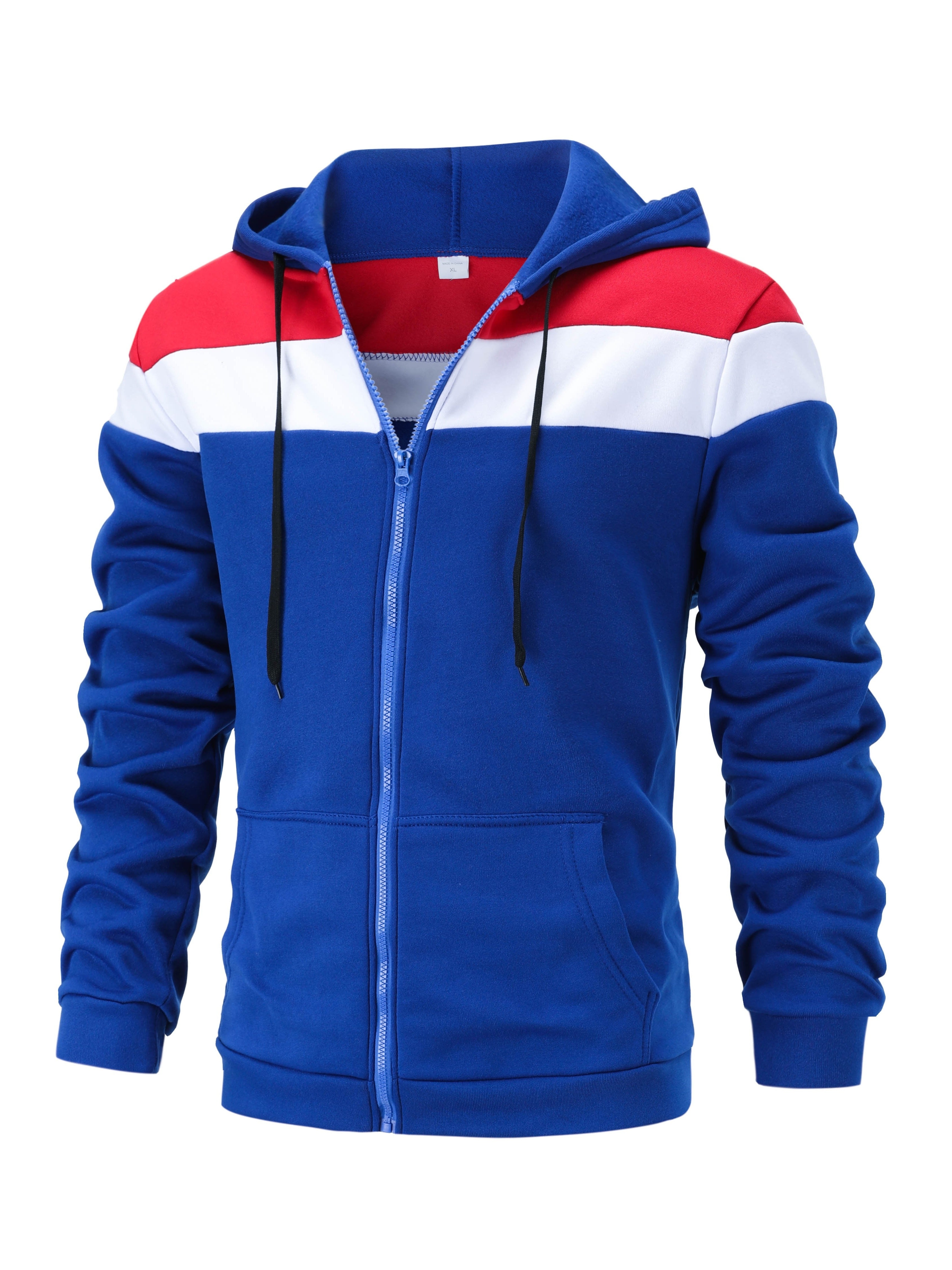 Men'S Casual Hooded Sweatshirt, Solid Color Zip-Up Pullover, Long Sleeve Polyester Knit Fabric, Regular Fit with Slight Stretch, 160gsm - Autumn/Winter Fashion