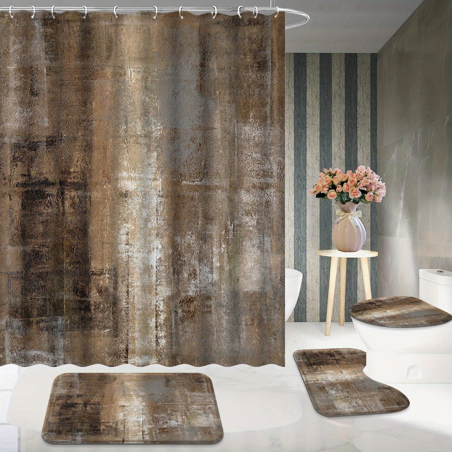 4 Pack Brown and Grey Abstract Art Bathroom Accessory Set, Complete with Matching Rugs, Mats, Curtains for Bathroom