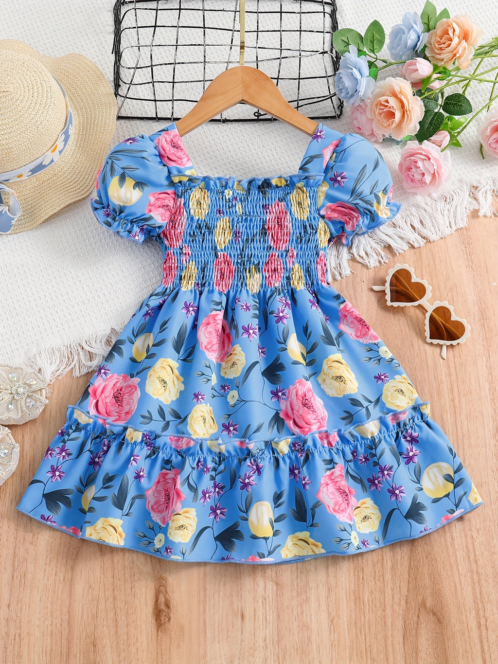 Girls Puff Sleeve Floral Shirred Ruffled Hem Party Dress Kids Summer Clothes