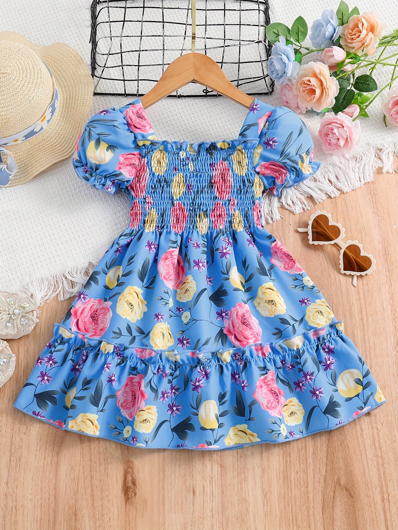 Girls Puff Sleeve Floral Shirred Ruffled Hem Party Dress Kids Summer Clothes