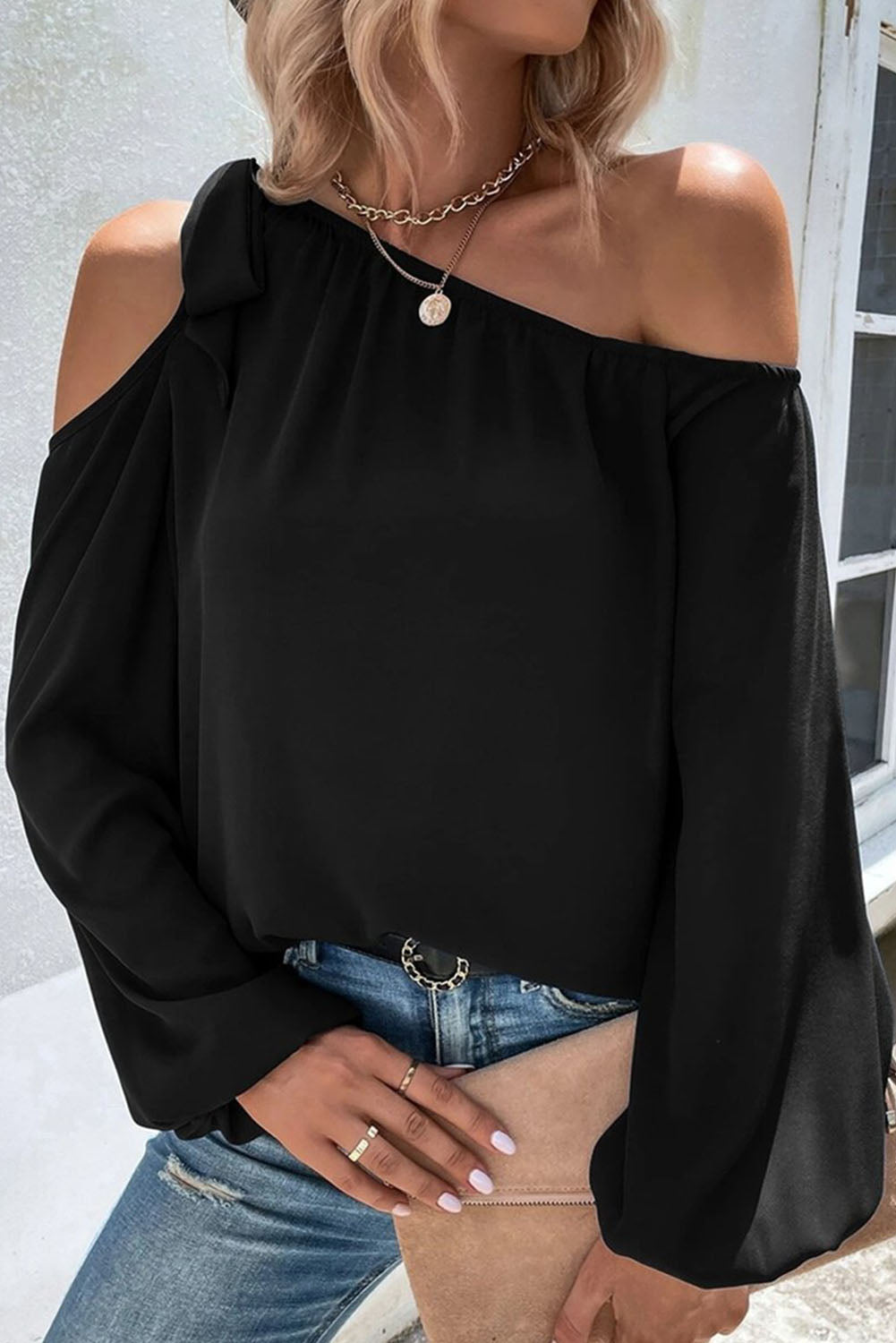 Black Knotted Off Shoulder Blouse FB