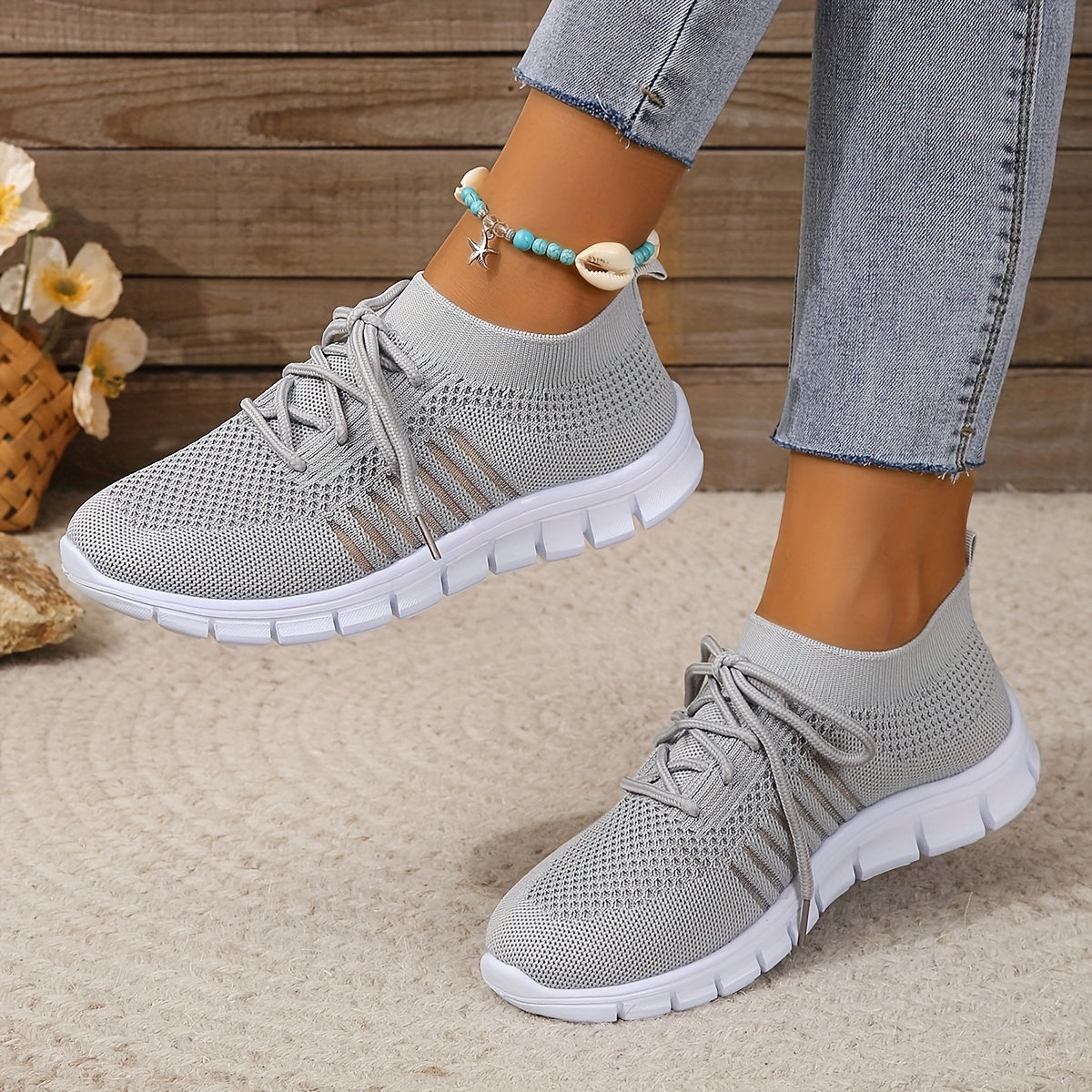 Women's Knitted Sports Shoes, Breathable & Lightweight Low Top Running Sneakers, Casual Outdoor Gym Jogging Trainers Plus Size