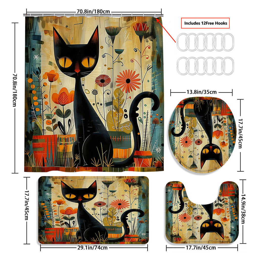 4pcs Black Cat Arts Theme Bathroom Set, Water-Resistant Polyester Shower Curtain with Non-Slip Rugs and Hooks, Woven Knit Fabric, All-Season Decor, Easy Wipe Clean