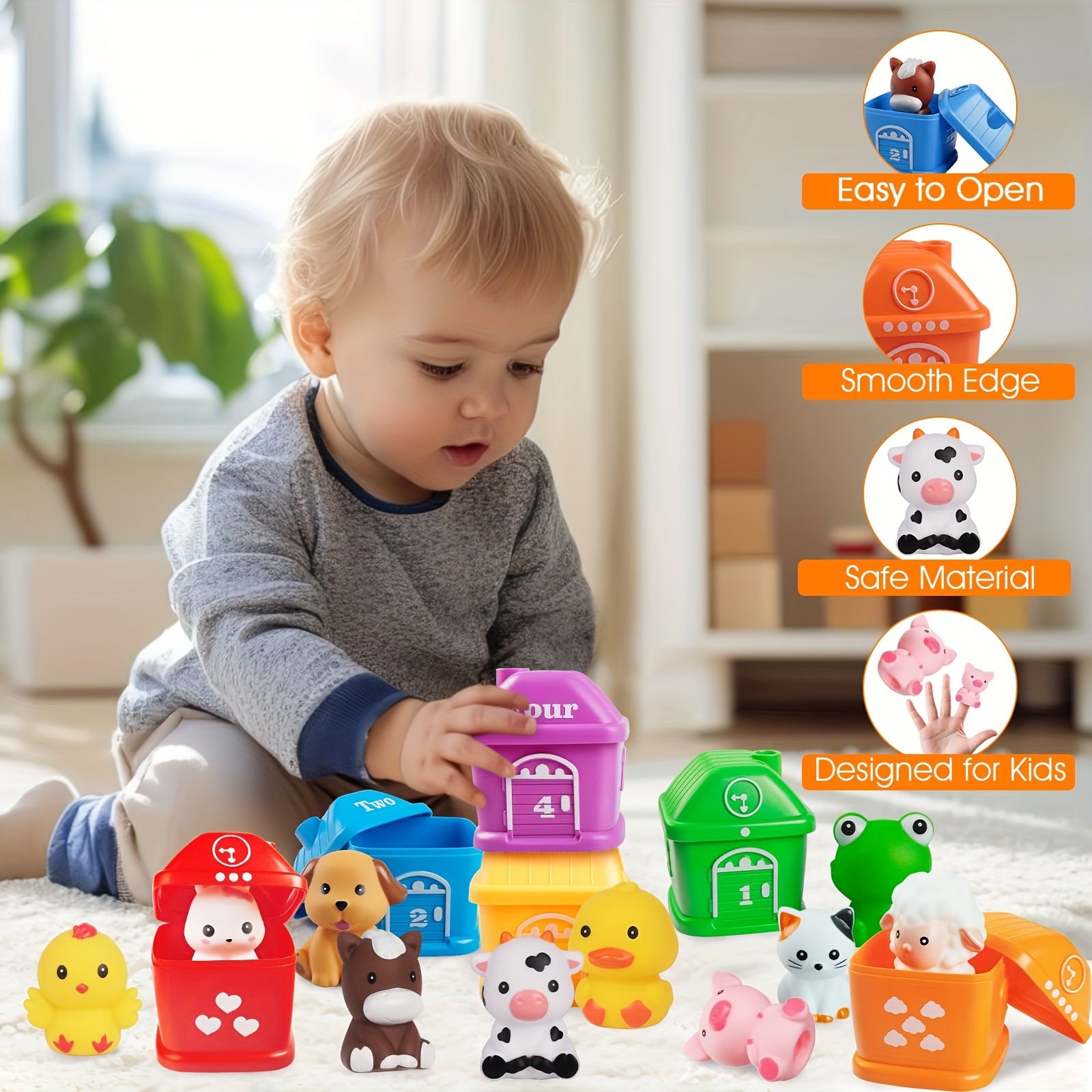 Montessori Toys For 1 2 3 Year Old Kids, 4 In 1 Farm Animals Barn Toys For Toddlers 1-3, Veenggie Sorting Set, Farm Tractor With Trailer, Stacking Toys Gift For Baby Boys Girls