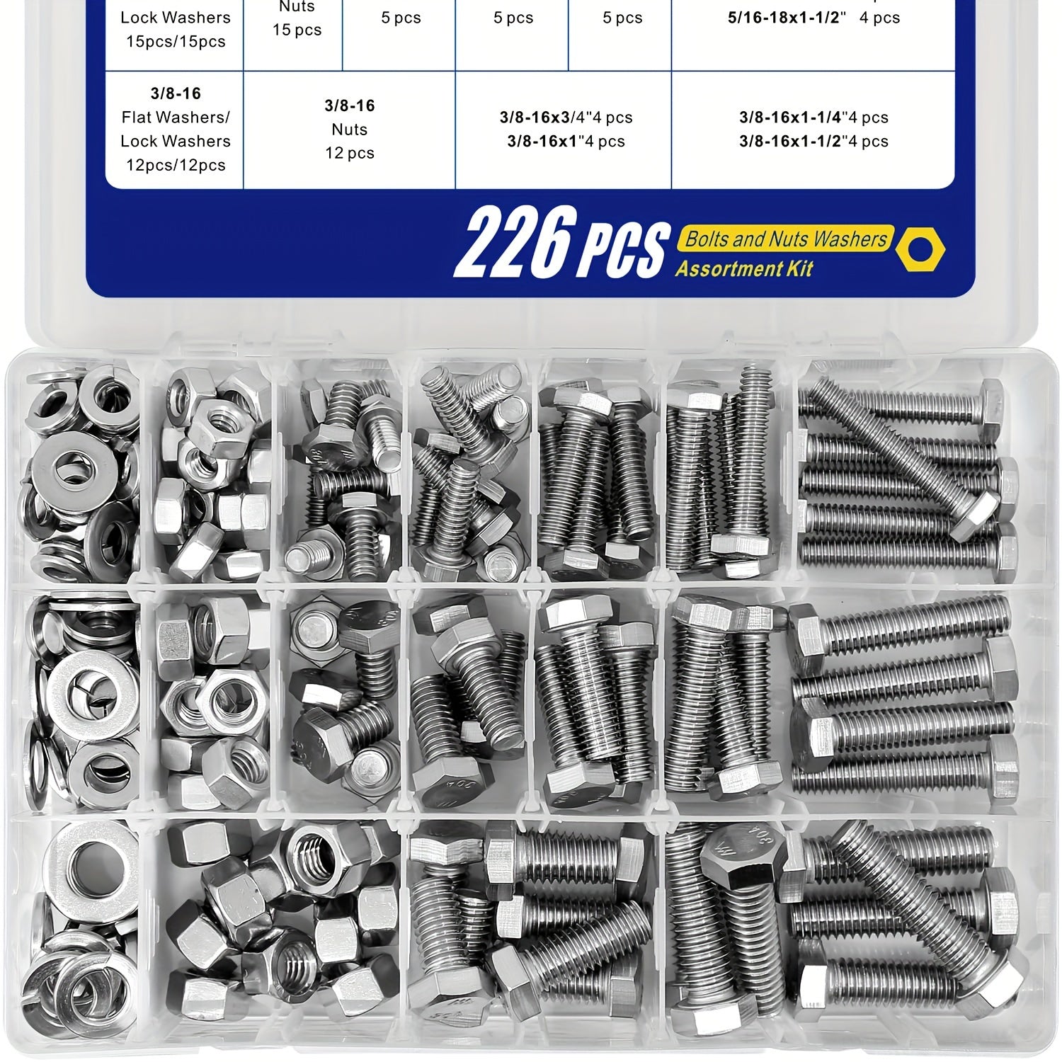 226pcs Heavy-Duty 304 Stainless Steel Bolt and Nut Assortment Kit