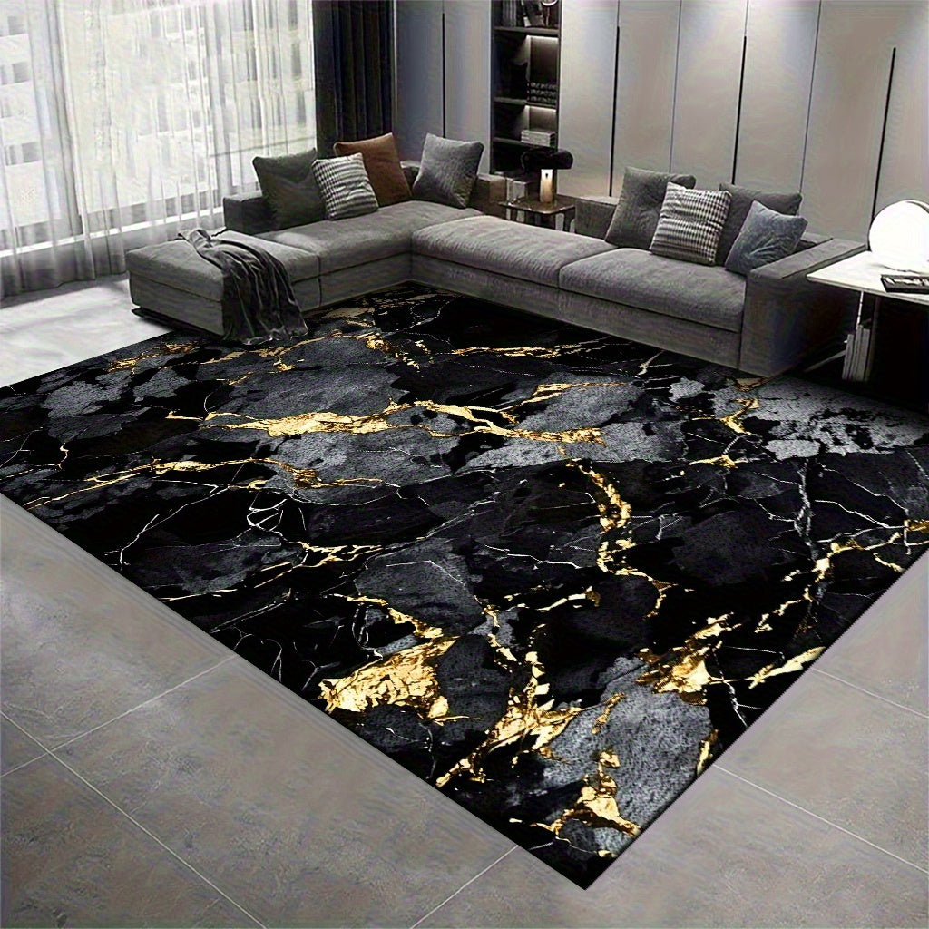 Velvet Area Mat with Luxurious Black and Golden Marble Pattern – Soft, Thick, Non-Slip, Machine Washable for Living Room or Bedroom Decor, Lightweight Polyester Fiber, Rectangular Shape, Perfect for Holidays like Christmas