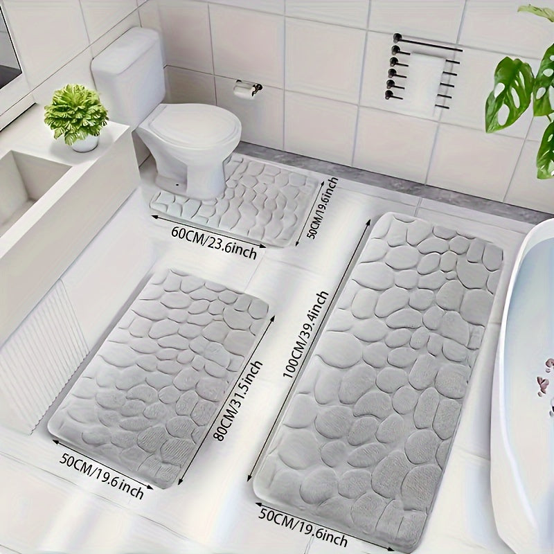 3pcs Memory Foam Bathroom Mat Set - Non-Slip, Soft & Comfortable Shower Rugs with Stone Embossed Design - Includes U-Shape Toilet Mat & Bath Rug - Machine Washable Polyester Fiber - Perfect for Home Decor