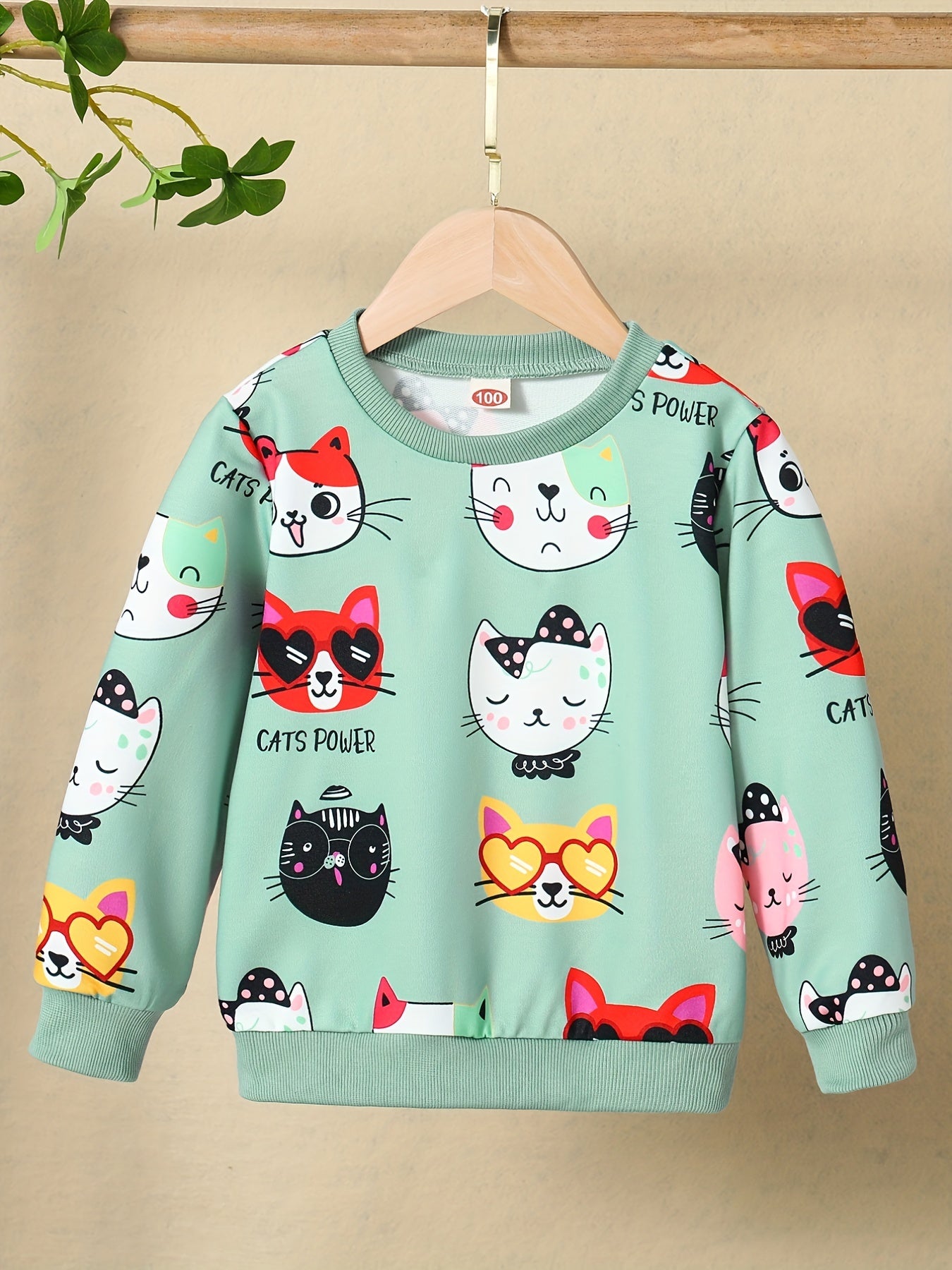 Girls' Cute Cat Print Sweatshirt - Pastel Pink with & Cat Design, Soft Round Neck Long Sleeve Top for Everyday & Special Occasions