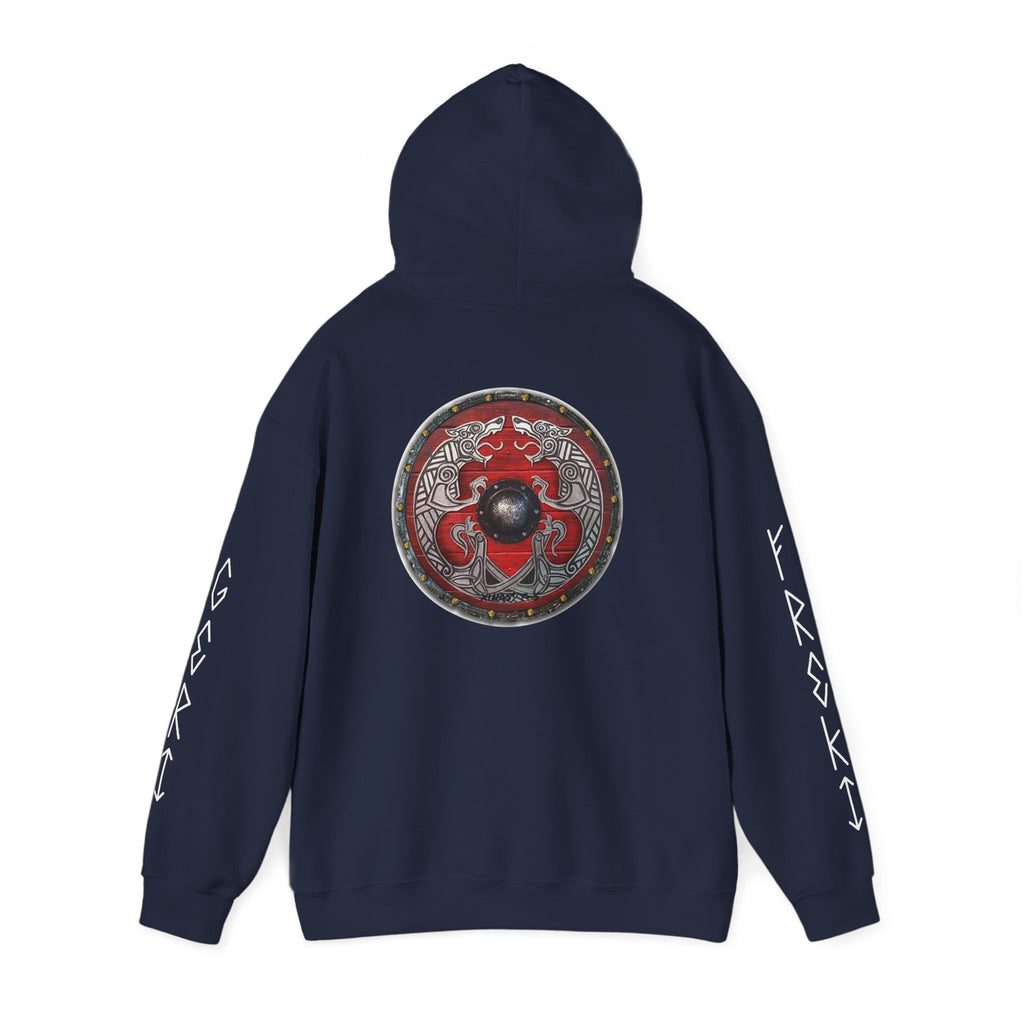 Viking Shield Hoodie — "Let’s Go Avikingri" Norse Rune Sleeve Pullover