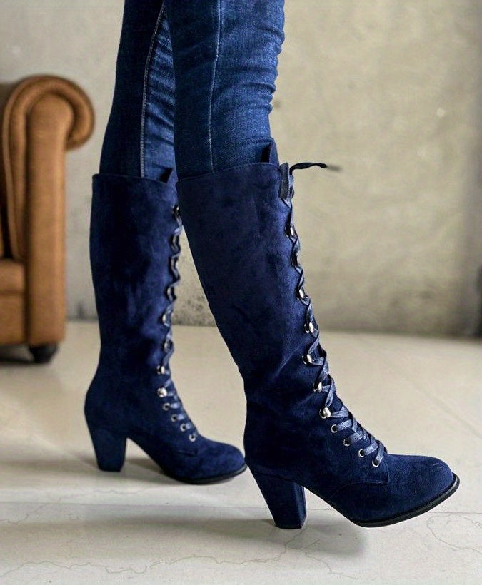 Women's Heeled Knee High Boots, Solid Color Lace Up Chunky Heeled Boots, Versatile Comfy Long Boots