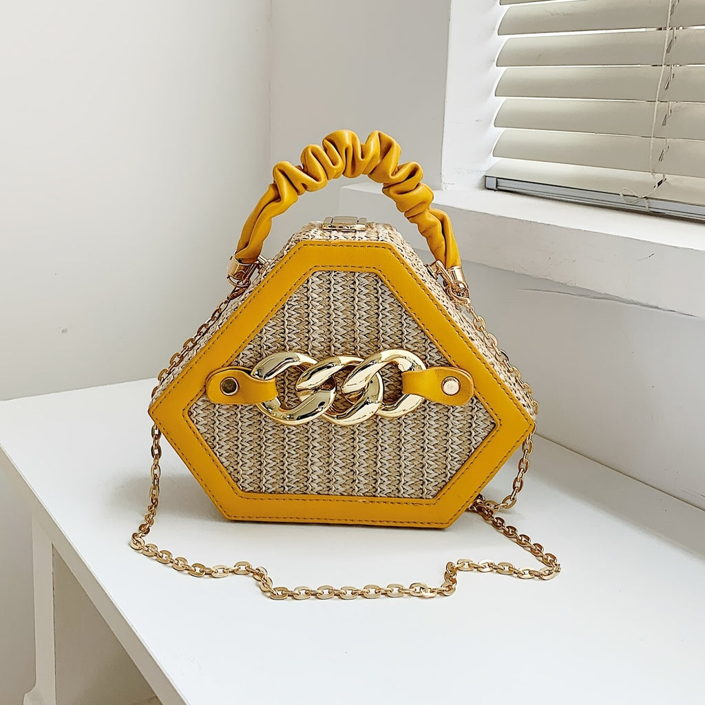 Trendy Chain Handbag, Fashion Top Handle Straw Box Bag, Women's Vacation Style Purse