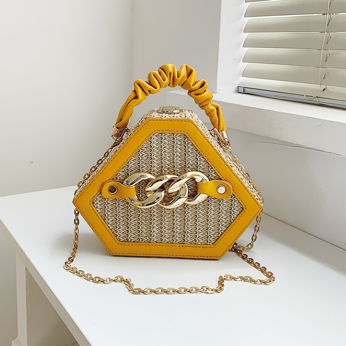 Trendy Chain Handbag, Fashion Top Handle Straw Box Bag, Women's Vacation Style Purse