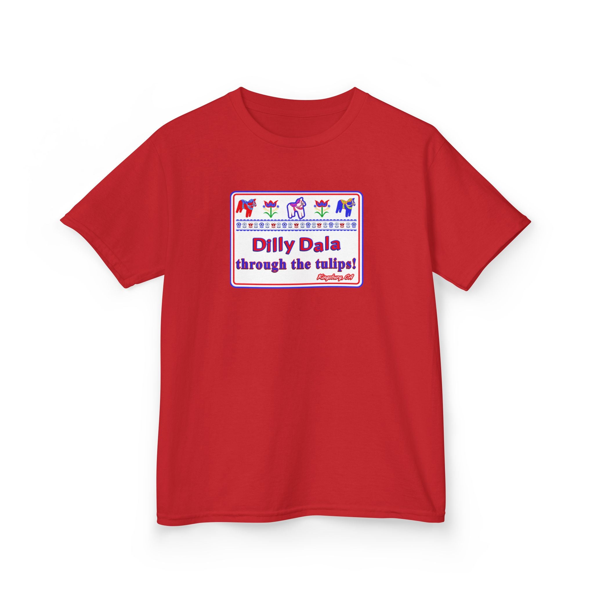 Kids Tee — "Dilly Dalla Through the Tulips" Colorful Tulip Kids Shirt