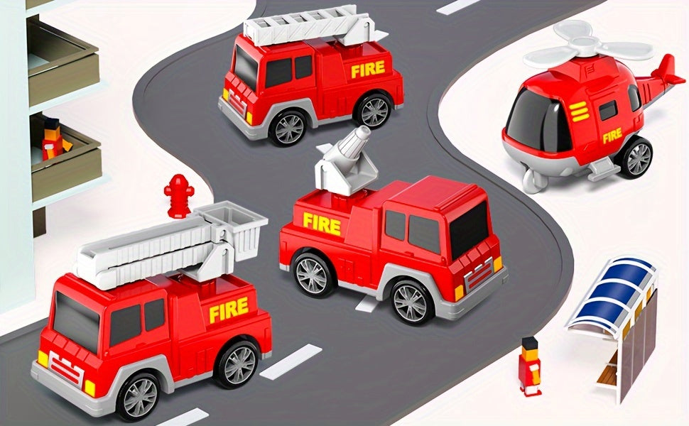 Fire Truck Toys for 3 4 5 Boys Toddlers, 5in 1 Kids Carrier Fire Trucks Cars for Boy Toys Birthday, Car Trucks Friction Power Toys with Light Sound