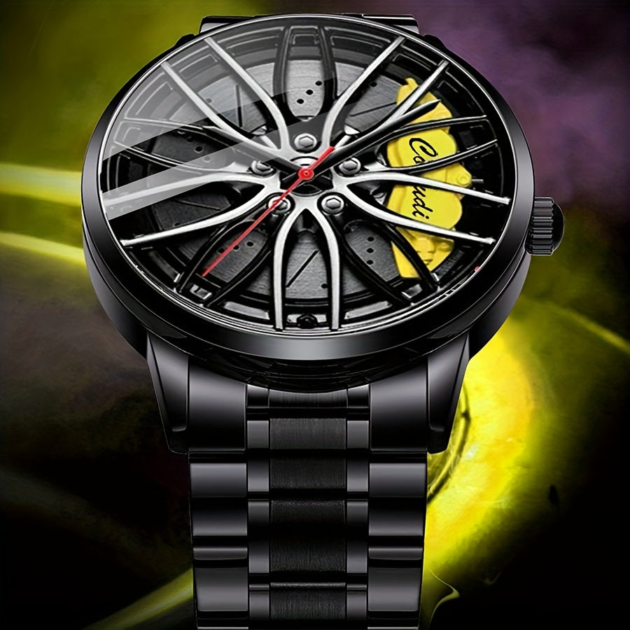 1pc Men's Watch, Car Wheel Hub Caliper Luminous Steel Band Three-dimensional Hollow Sports Wrist Watch, Ideal choice for Gifts